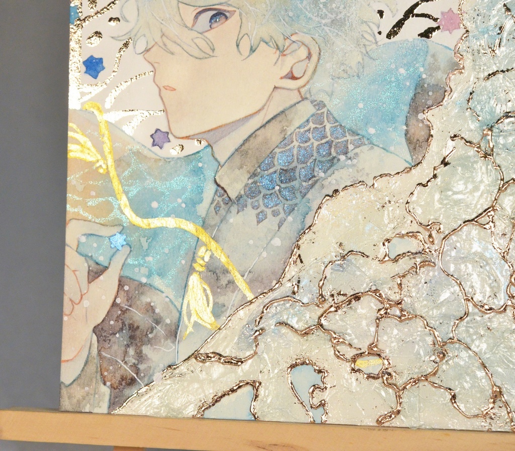 手描きイラスト 「波の風呂敷」 男の子 青年 オリジナル 正方形サイズ 透明水彩 原画