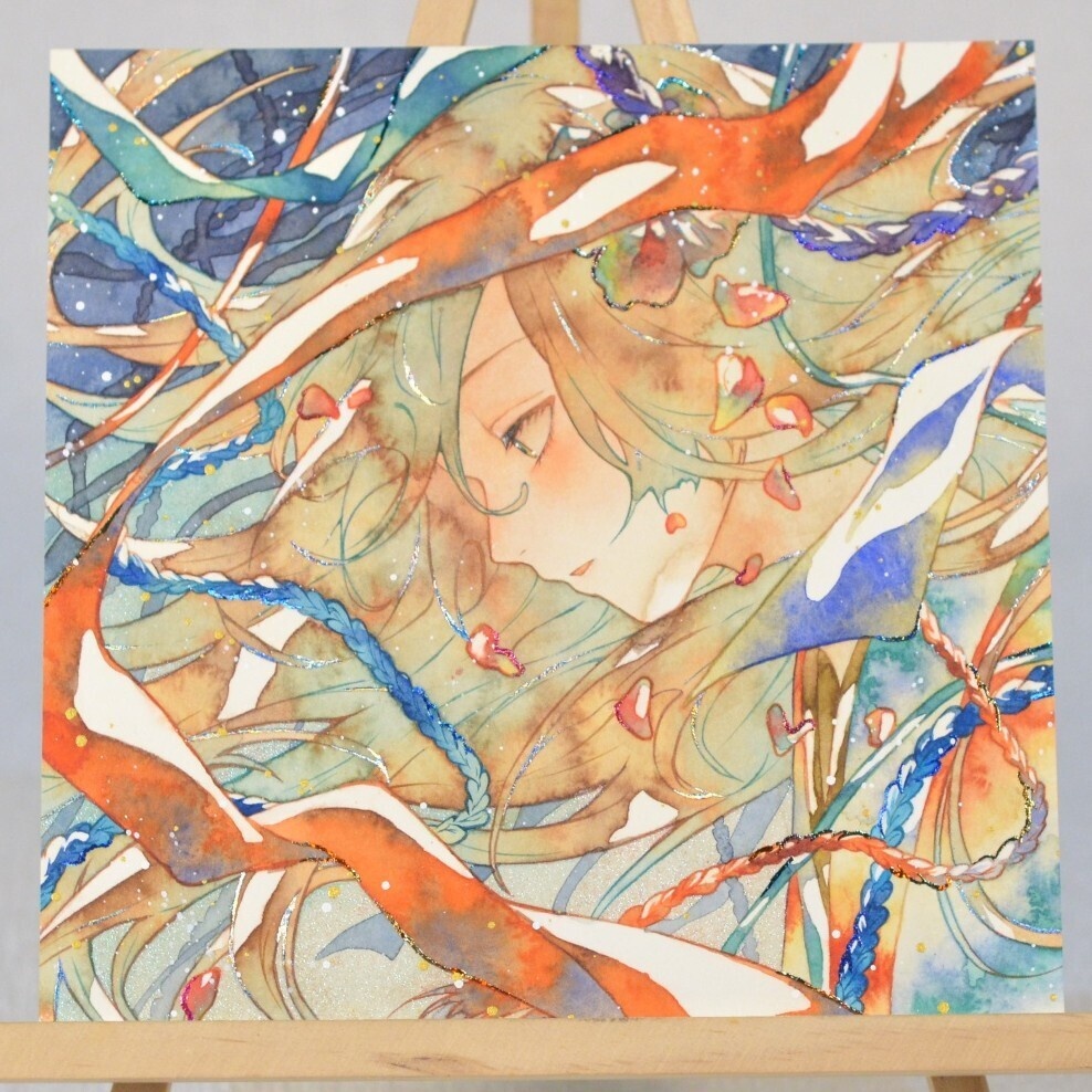 手描きイラスト　「青嵐」　オリジナル　女の子　正方形サイズ　透明水彩　原画