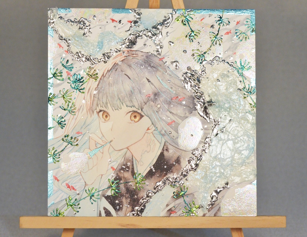 手描きイラスト 「金魚鉢の中で」 女の子 オリジナル 正方形サイズ 透明水彩 原画