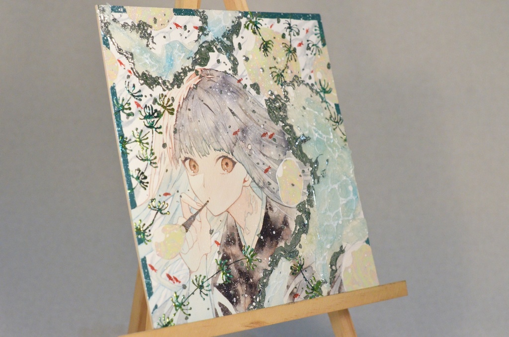 手描きイラスト 「金魚鉢の中で」 女の子 オリジナル 正方形サイズ 透明水彩 原画