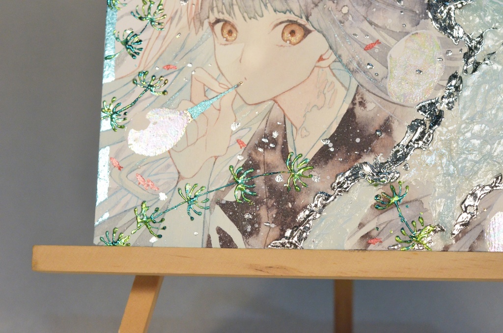 手描きイラスト 「金魚鉢の中で」 女の子 オリジナル 正方形サイズ 透明水彩 原画