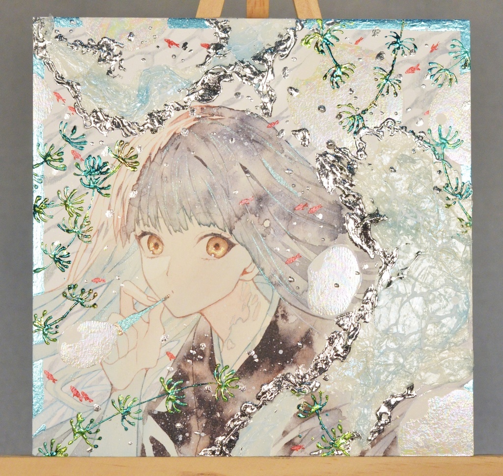 手描きイラスト 「金魚鉢の中で」 女の子 オリジナル 正方形サイズ 透明水彩 原画