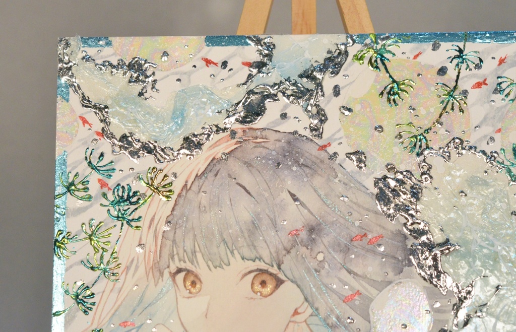 手描きイラスト 「金魚鉢の中で」 女の子 オリジナル 正方形サイズ 透明水彩 原画