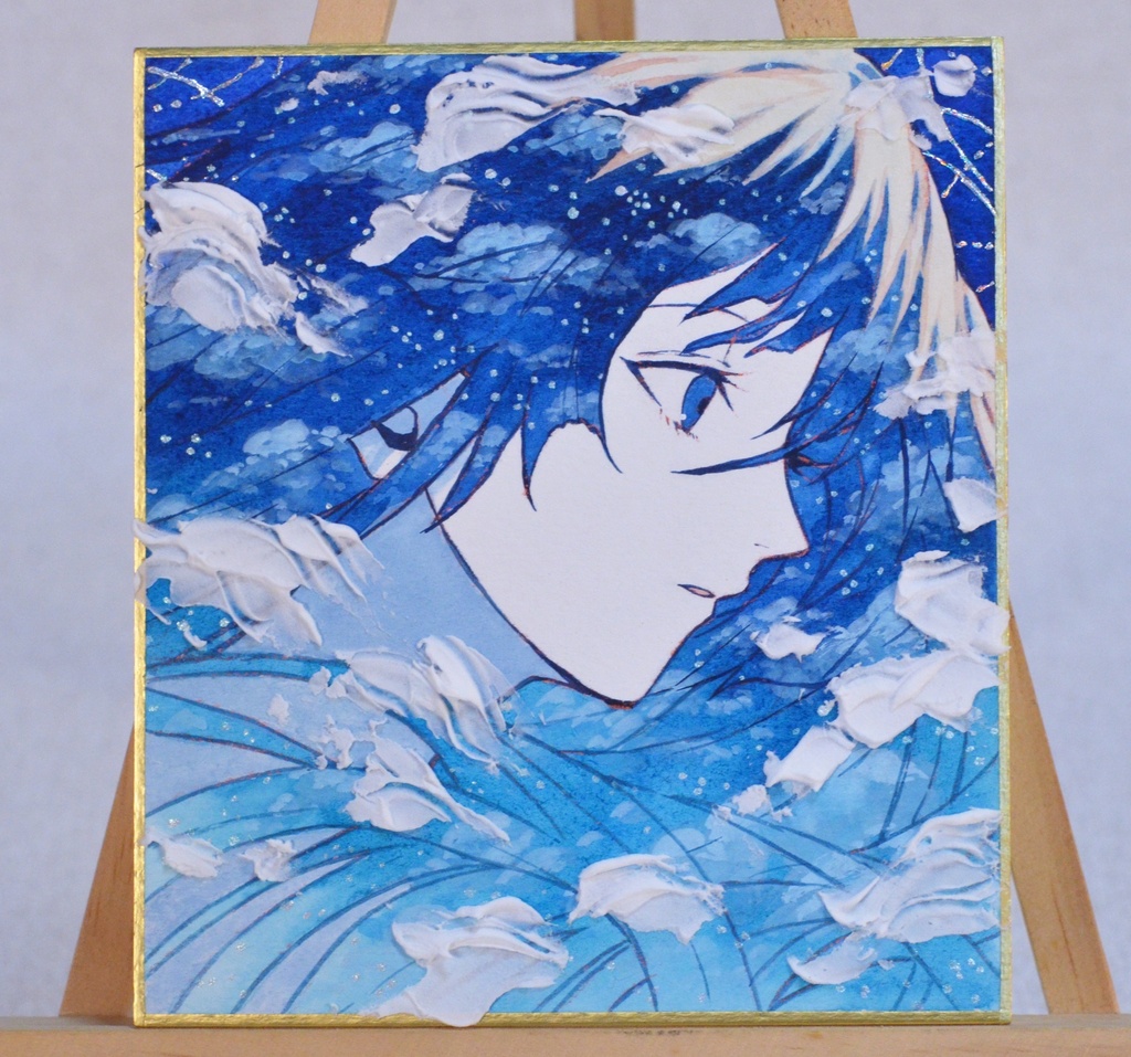 オリジナル 手描きイラスト 女の子 「紺碧に染まる」 1/4色紙サイズ 透明水彩 原画