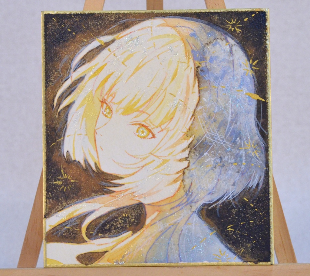 オリジナル　手描きイラスト　女の子　「寝待月の夜」 1/4色紙サイズ　透明水彩　原画