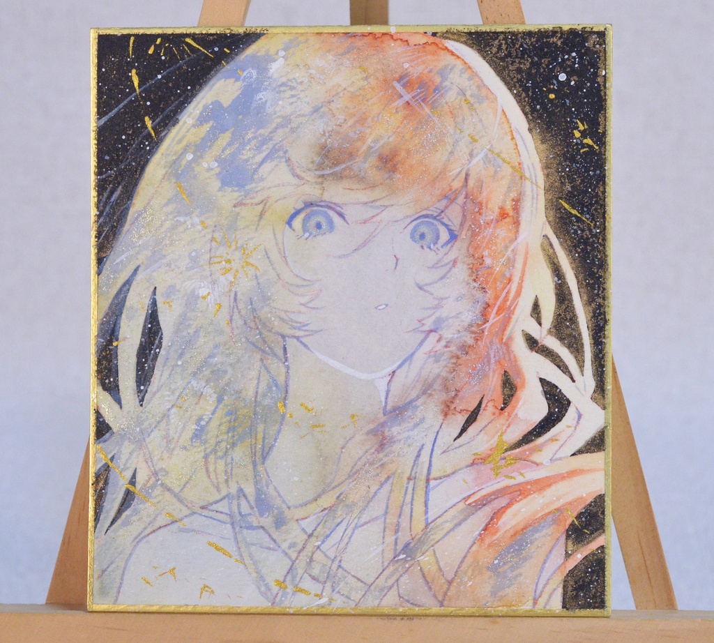 オリジナル　手描きイラスト　女の子　「三日月の夜」 1/4色紙サイズ　透明水彩　原画