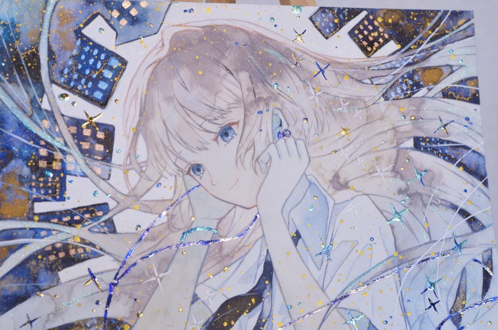 手描きイラスト 「君だけの景色」 オリジナル 女の子 正方形サイズ 透明水彩 原画