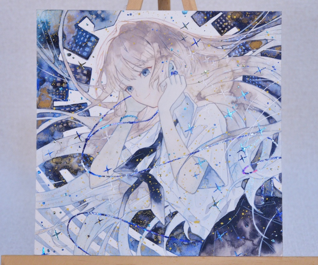 手描きイラスト　「君だけの景色」　オリジナル　女の子　正方形サイズ　透明水彩　原画