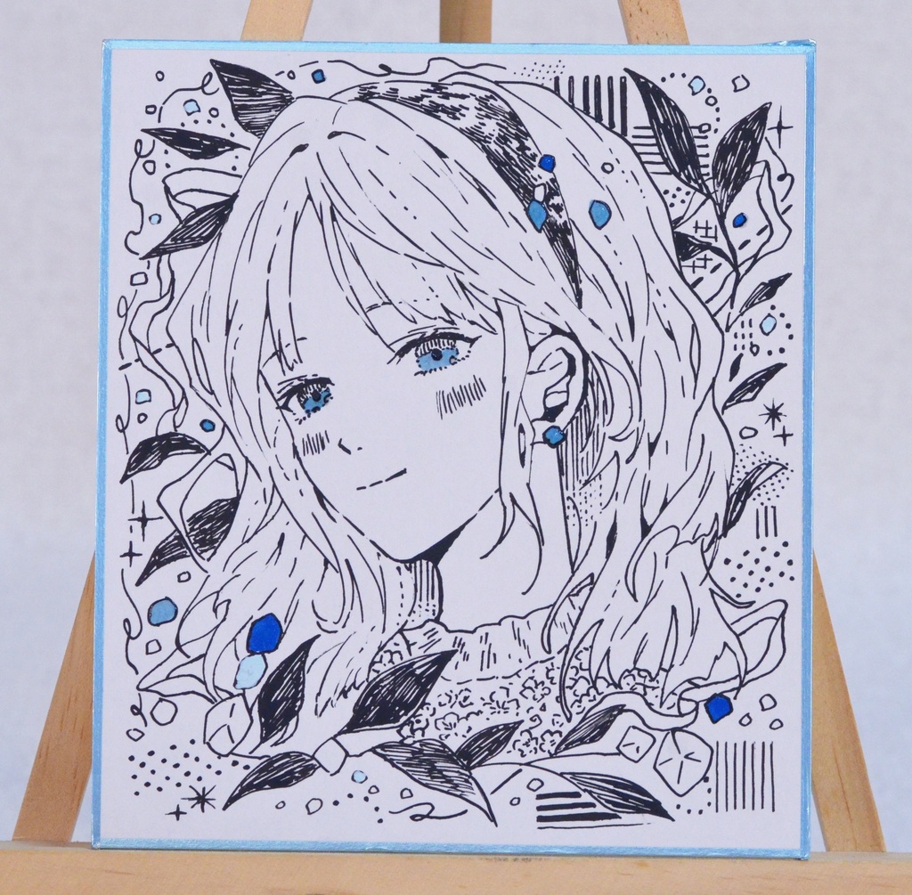 オリジナル　手描きイラスト　モノクロ　女の子　「晴れやかな気持ちで」 1/4色紙サイズ　原画