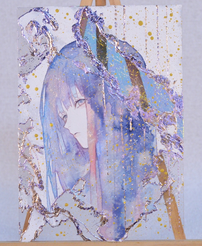 手描きイラスト　「流れ星が降る夜に」　オリジナル　女の子　アクリル板　A5サイズ　原画　透明水彩