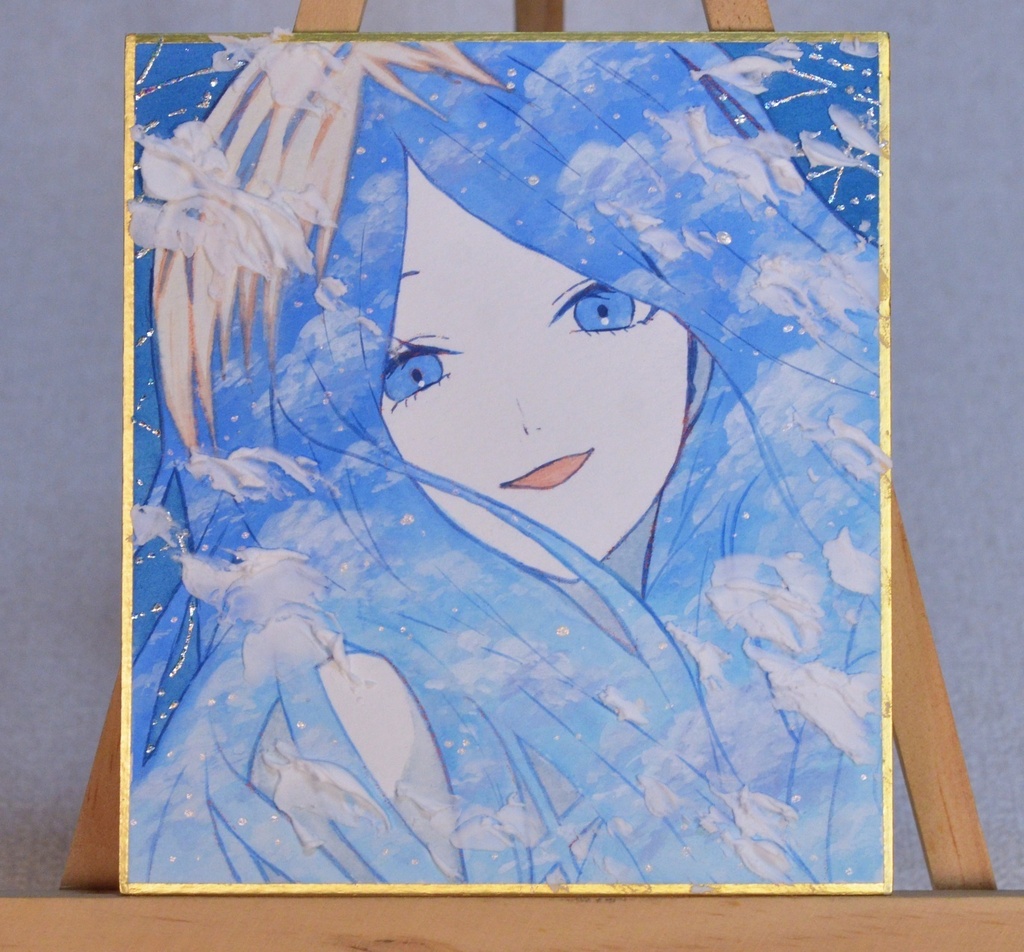 オリジナル　手描きイラスト　女の子　「空色に染まる」 1/4色紙サイズ　透明水彩　原画