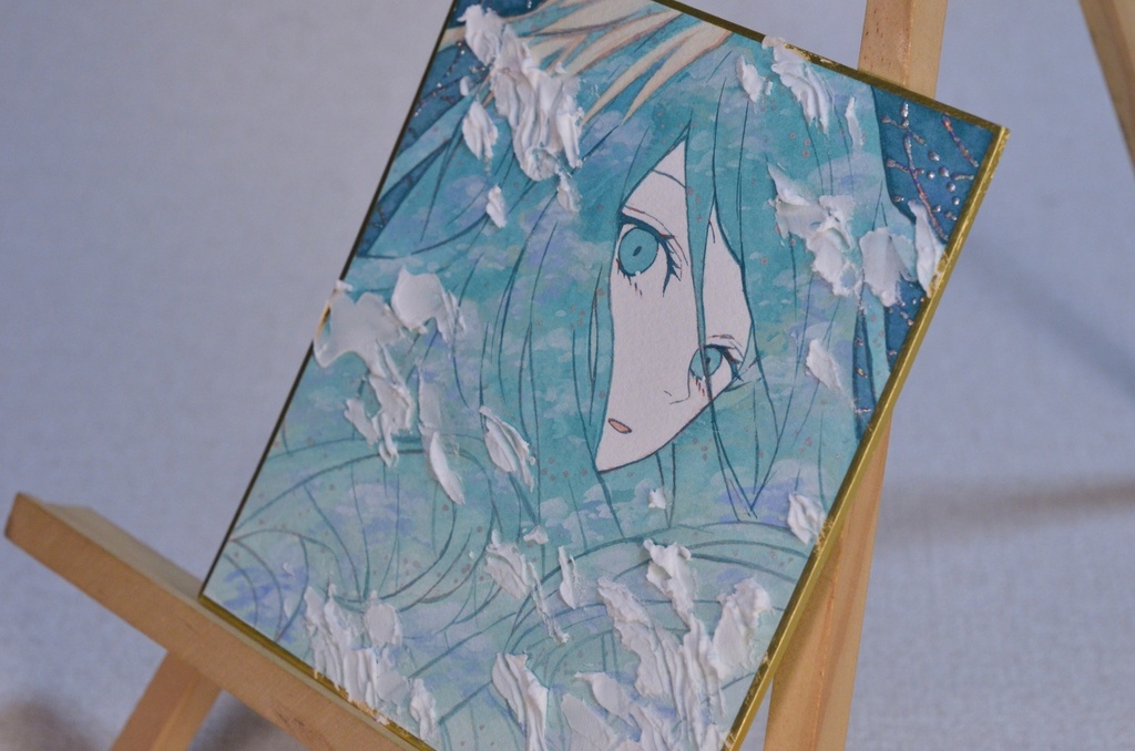 オリジナル 手描きイラスト 女の子 「浅葱色に染まる」 1/4色紙サイズ 透明水彩 原画
