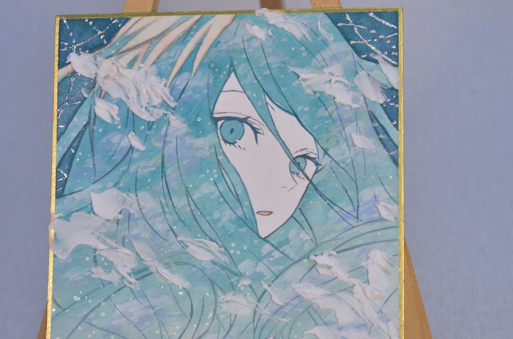 オリジナル 手描きイラスト 女の子 「浅葱色に染まる」 1/4色紙サイズ 透明水彩 原画