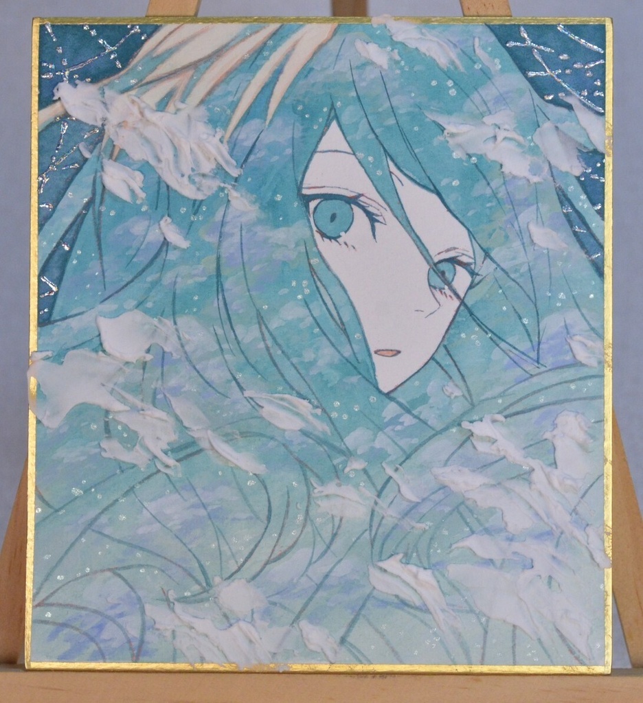 オリジナル 手描きイラスト 女の子 「浅葱色に染まる」 1/4色紙サイズ 透明水彩 原画