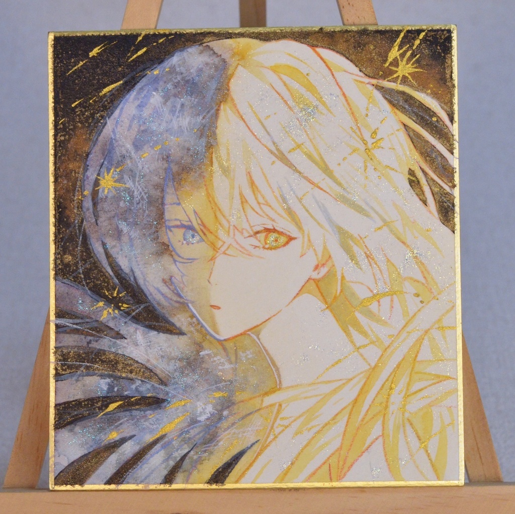 オリジナル 手描きイラスト 女の子 「下弦の夜」 1/4色紙サイズ 透明水彩 原画