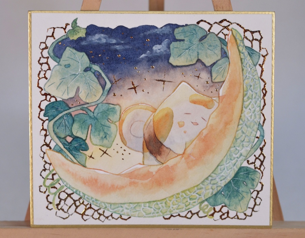 手描きイラスト オリジナル　「お月様がここに」　 原画　創作　うたもちシリーズ　秋田犬　1/4色紙サイズ　透明水彩