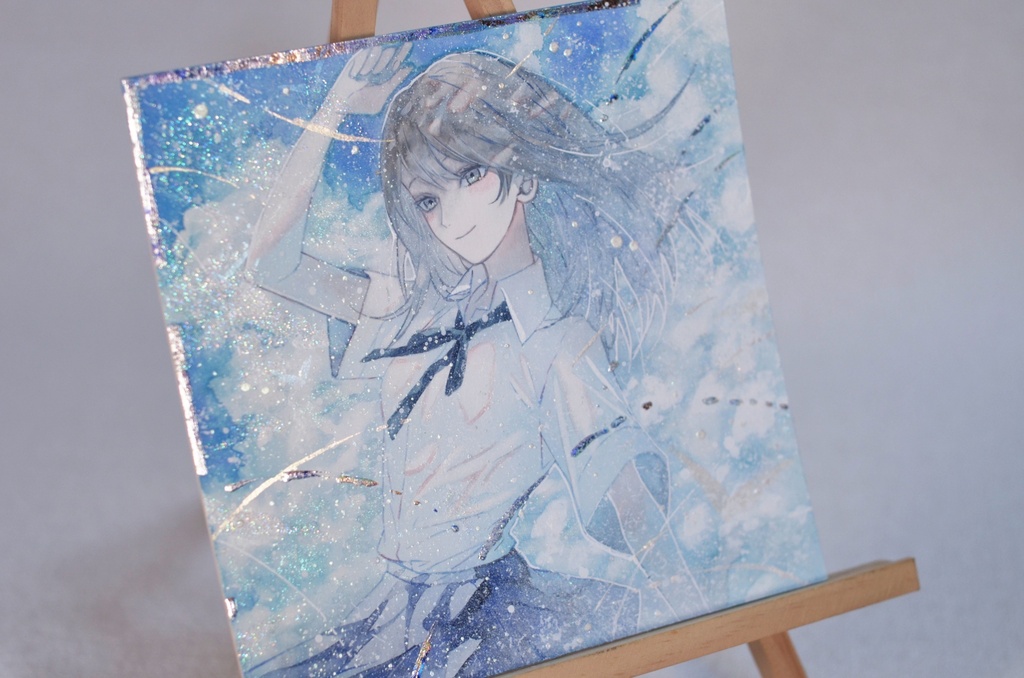 手描きイラスト 「眩しい空の下で」 オリジナル 女の子 正方形サイズ 透明水彩 原画