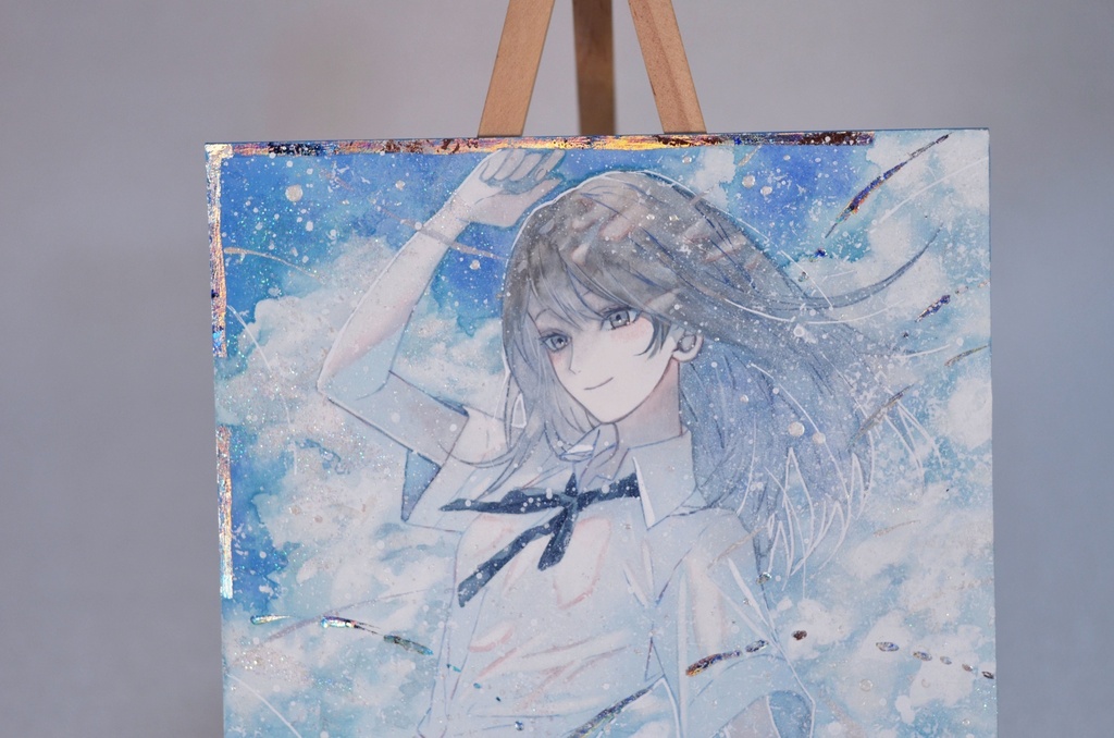 手描きイラスト 「眩しい空の下で」 オリジナル 女の子 正方形サイズ 透明水彩 原画