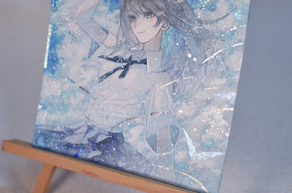 手描きイラスト 「眩しい空の下で」 オリジナル 女の子 正方形サイズ 透明水彩 原画