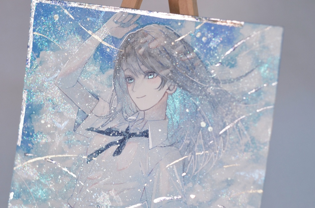 手描きイラスト 「眩しい空の下で」 オリジナル 女の子 正方形サイズ 透明水彩 原画
