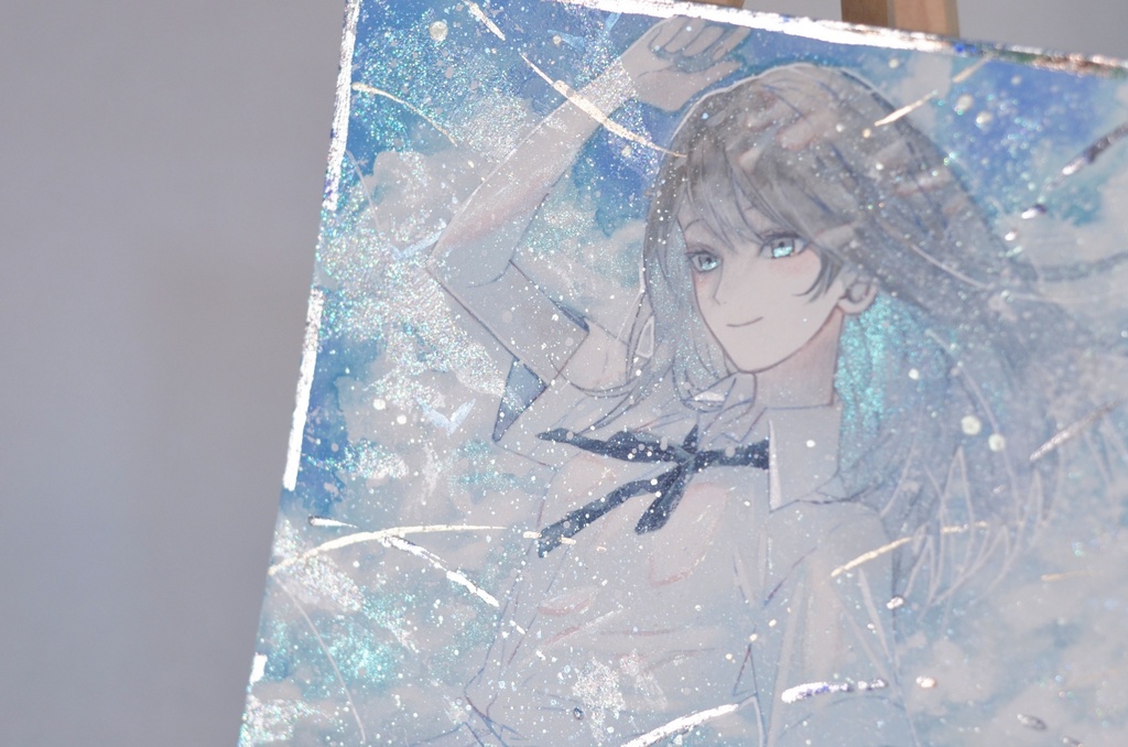 手描きイラスト 「眩しい空の下で」 オリジナル 女の子 正方形サイズ 透明水彩 原画