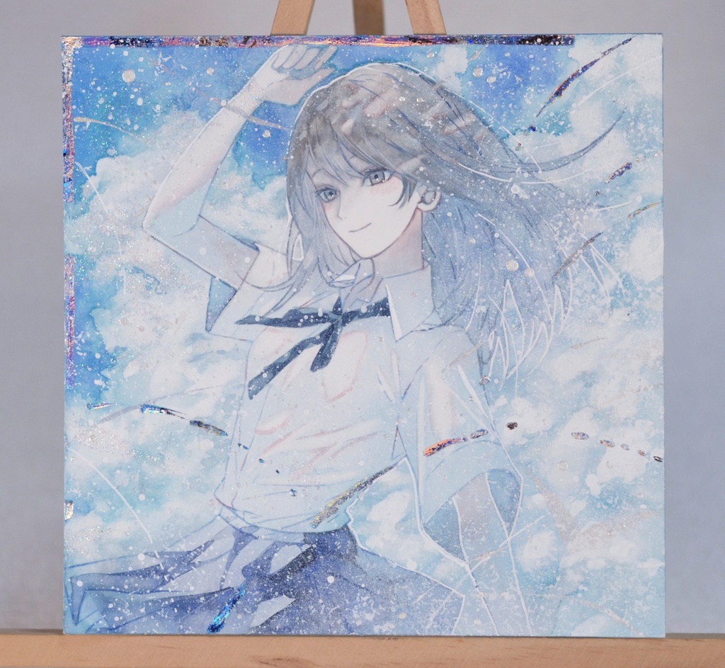 手描きイラスト　「眩しい空の下で」　オリジナル　女の子　正方形サイズ　透明水彩　原画