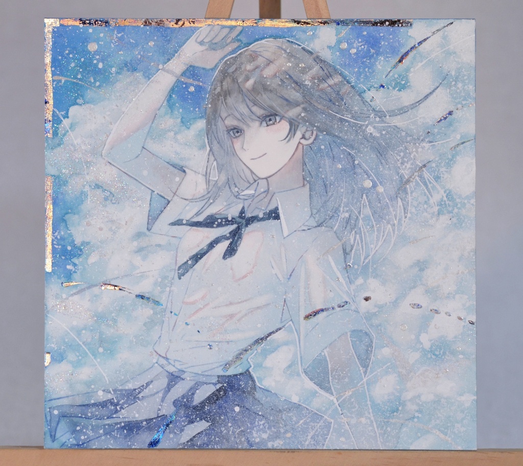 手描きイラスト 「眩しい空の下で」 オリジナル 女の子 正方形サイズ 透明水彩 原画