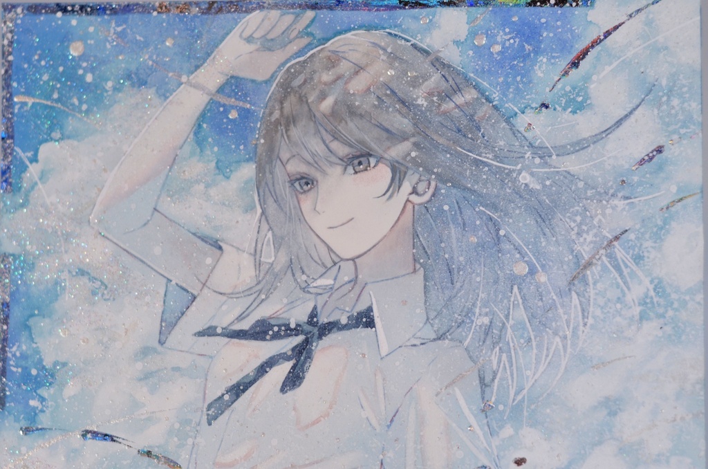 手描きイラスト 「眩しい空の下で」 オリジナル 女の子 正方形サイズ 透明水彩 原画