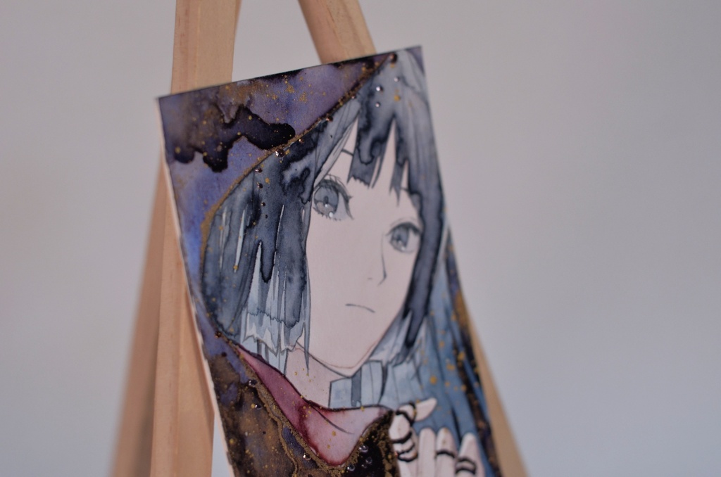 手描きイラスト 4種類 オリジナル 女の子 男の子 青年 短冊 しおり 透明水彩 アナログ 原画