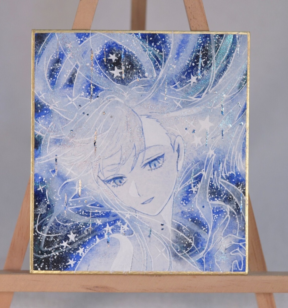 オリジナル　手描きイラスト　女の子　「星降りの瞬き」 1/4色紙サイズ　透明水彩　原画