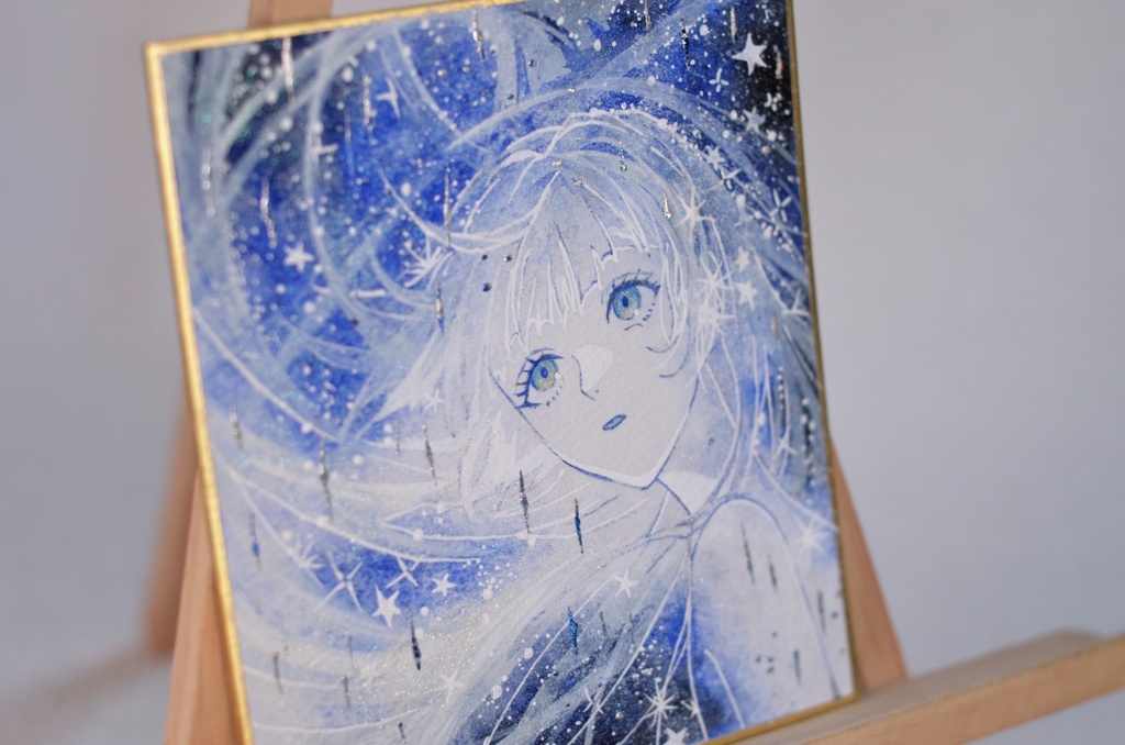 オリジナル 手描きイラスト 女の子 「星雨の瞬き」 1/4色紙サイズ 透明水彩 原画