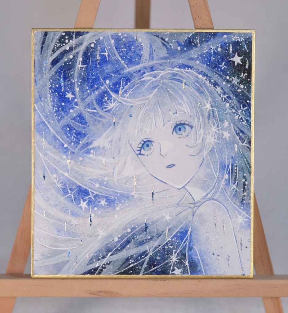 オリジナル 手描きイラスト 女の子 「星雨の瞬き」 1/4色紙サイズ 透明水彩 原画