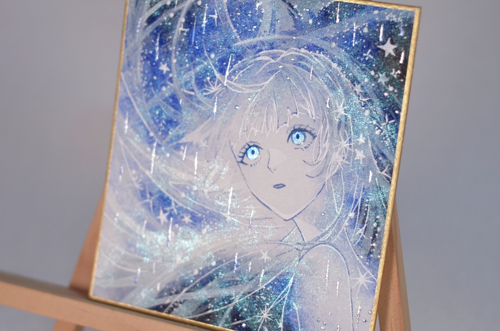 オリジナル 手描きイラスト 女の子 「星雨の瞬き」 1/4色紙サイズ 透明水彩 原画