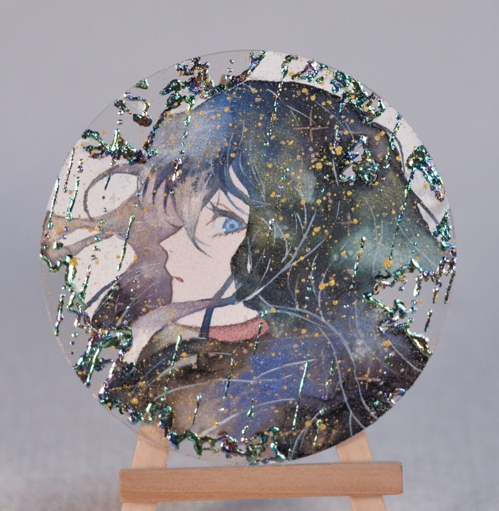 手描きイラスト　「きらめきの雨が降る」　オリジナル　女の子　アクリル板　円型サイズ　原画　透明水彩