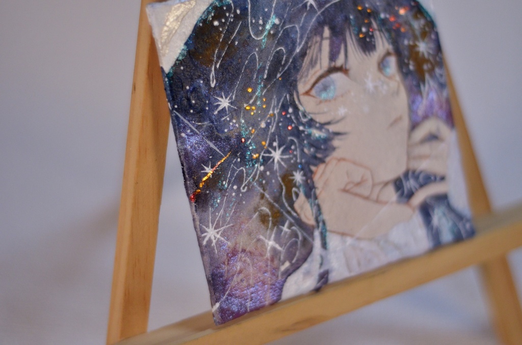 手描きイラスト 「あの星に見惚れて」 オリジナル 女の子 正方形サイズ 透明水彩 原画