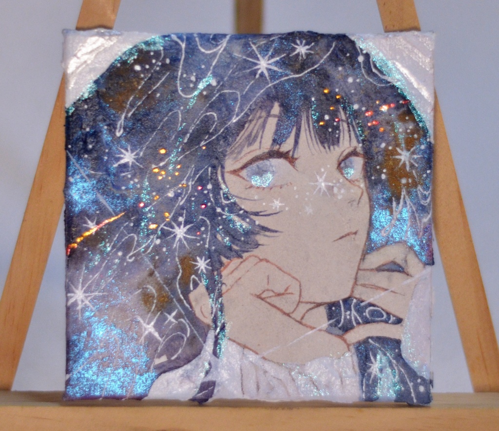 手描きイラスト 「あの星に見惚れて」 オリジナル 女の子 正方形サイズ 透明水彩 原画