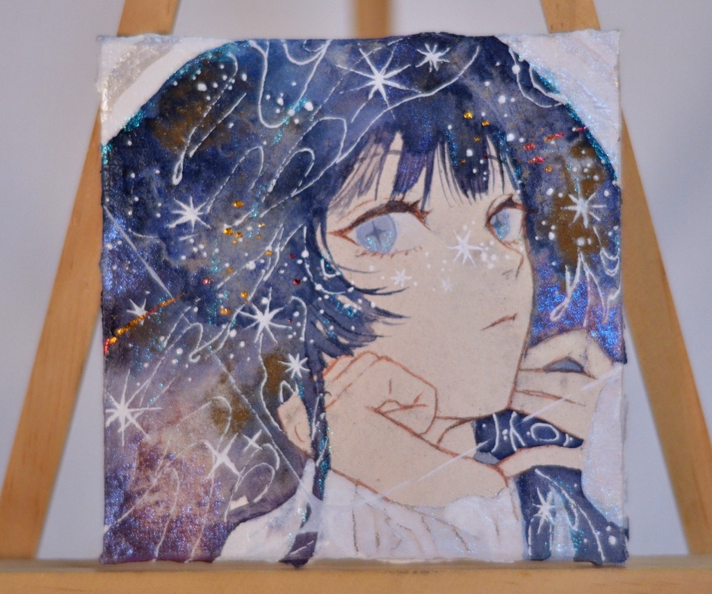 手描きイラスト　「あの星に見惚れて」　オリジナル　女の子　正方形サイズ　透明水彩　原画