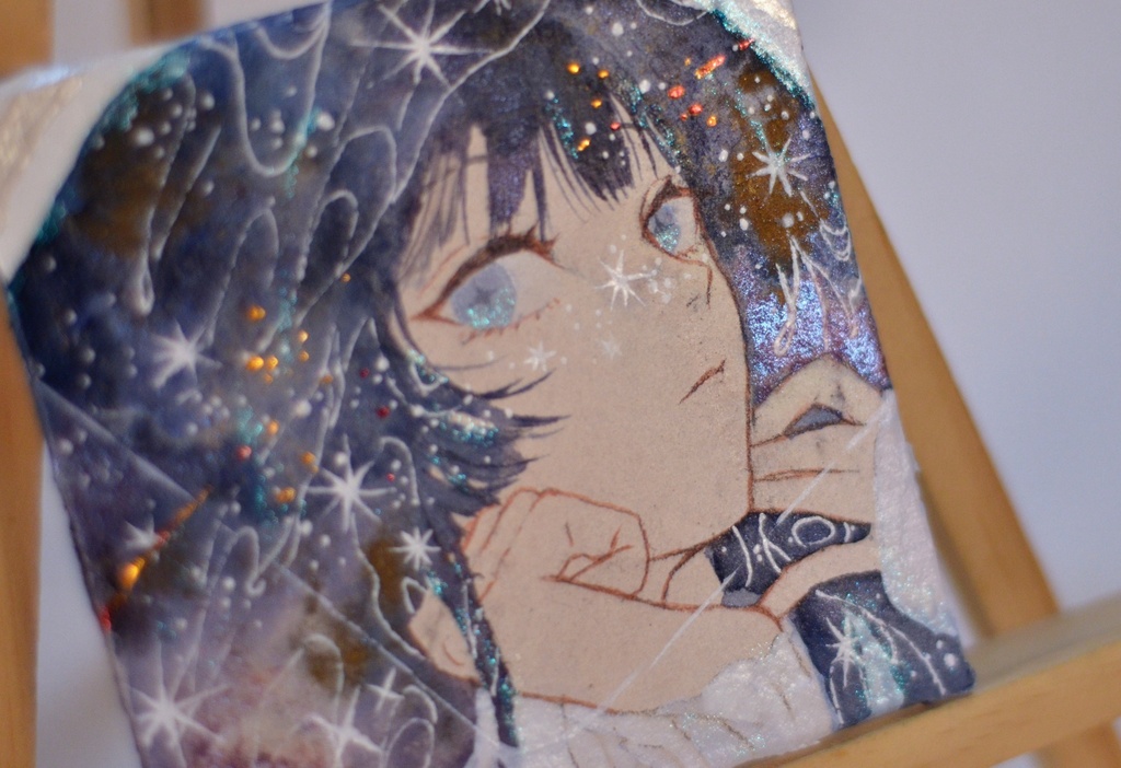 手描きイラスト 「あの星に見惚れて」 オリジナル 女の子 正方形サイズ 透明水彩 原画