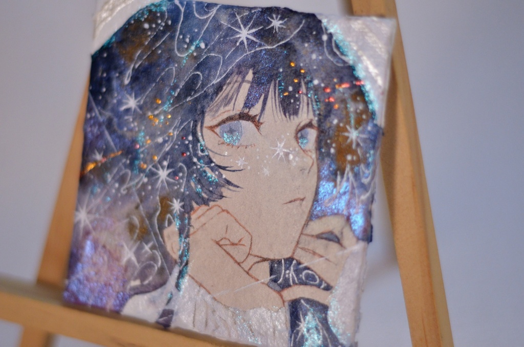 手描きイラスト 「あの星に見惚れて」 オリジナル 女の子 正方形サイズ 透明水彩 原画