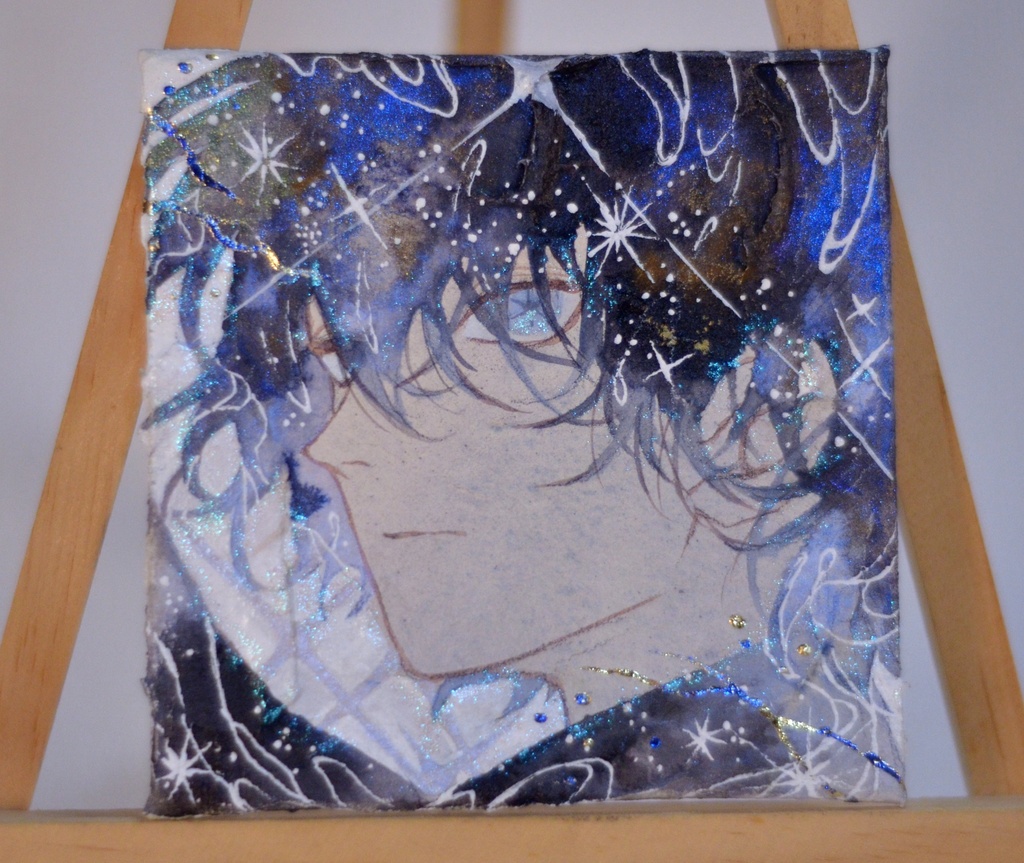 手描きイラスト 「空を見上げたら」 オリジナル 青年 男の子 正方形サイズ 透明水彩 原画