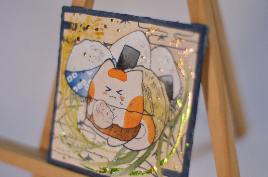 手描きイラスト オリジナル 「輝く新米に満ち足りて」 原画 創作 うたもちシリーズ 秋田犬 正方形サイズ 透明水彩