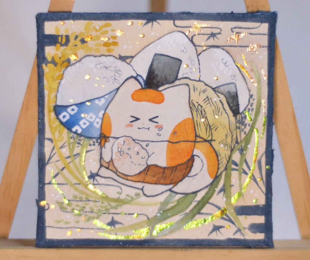 手描きイラスト オリジナル　「輝く新米に満ち足りて」　 原画　創作　うたもちシリーズ　秋田犬　正方形サイズ　透明水彩