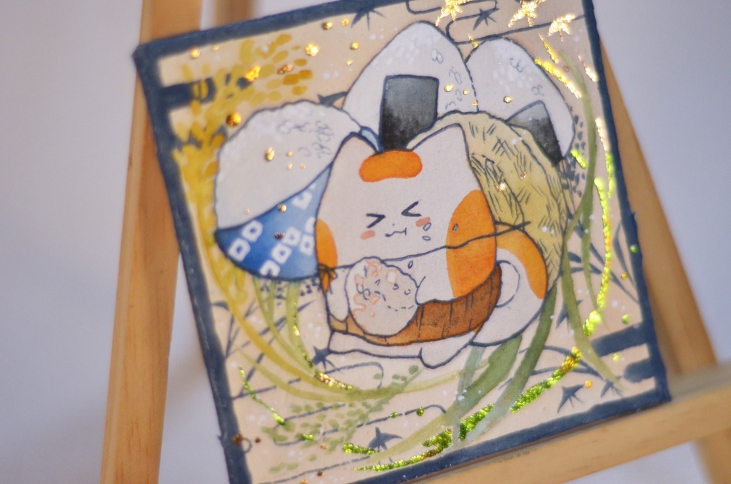 手描きイラスト オリジナル 「輝く新米に満ち足りて」 原画 創作 うたもちシリーズ 秋田犬 正方形サイズ 透明水彩