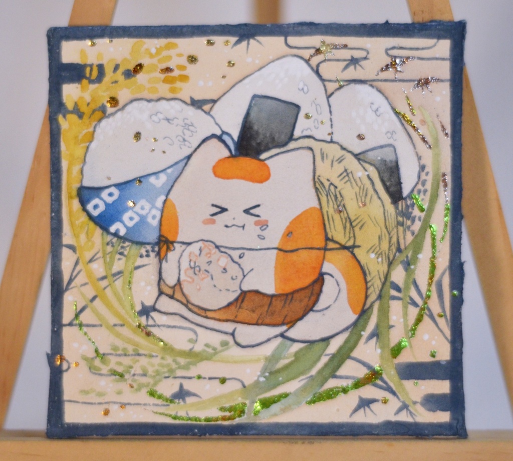 手描きイラスト オリジナル 「輝く新米に満ち足りて」 原画 創作 うたもちシリーズ 秋田犬 正方形サイズ 透明水彩
