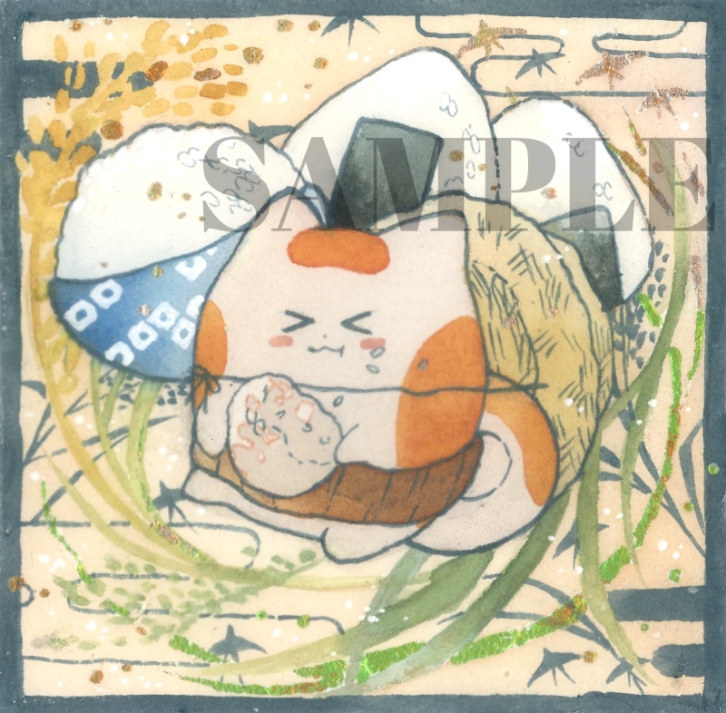 手描きイラスト オリジナル 「輝く新米に満ち足りて」 原画 創作 うたもちシリーズ 秋田犬 正方形サイズ 透明水彩