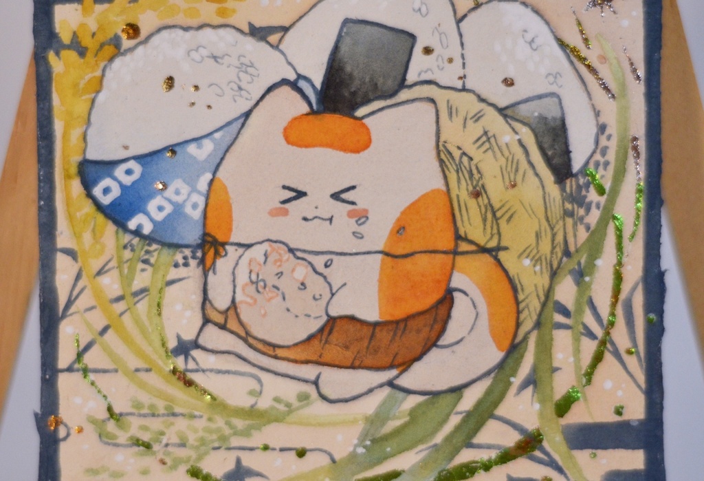 手描きイラスト オリジナル 「輝く新米に満ち足りて」 原画 創作 うたもちシリーズ 秋田犬 正方形サイズ 透明水彩