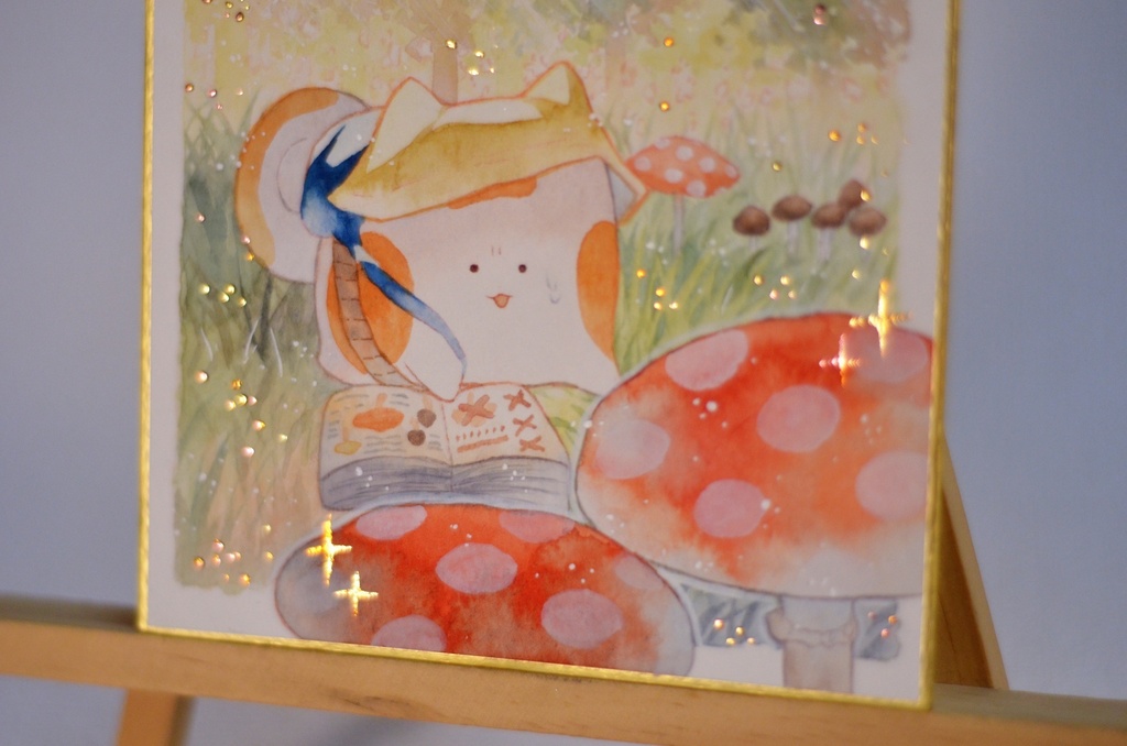 手描きイラスト オリジナル 「キノコ狩りにて。」 原画 創作 うたもちシリーズ 秋田犬 1/4色紙サイズ 透明水彩