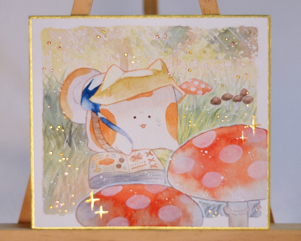 手描きイラスト オリジナル　「キノコ狩りにて。」　 原画　創作　うたもちシリーズ　秋田犬　1/4色紙サイズ　透明水彩