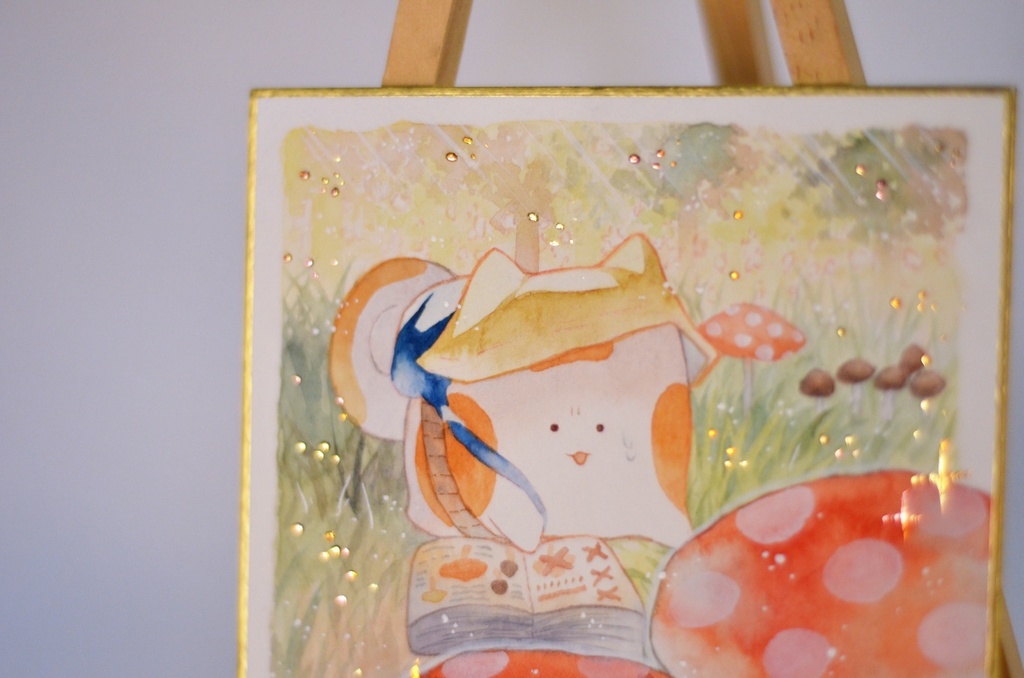 手描きイラスト オリジナル 「キノコ狩りにて。」 原画 創作 うたもちシリーズ 秋田犬 1/4色紙サイズ 透明水彩