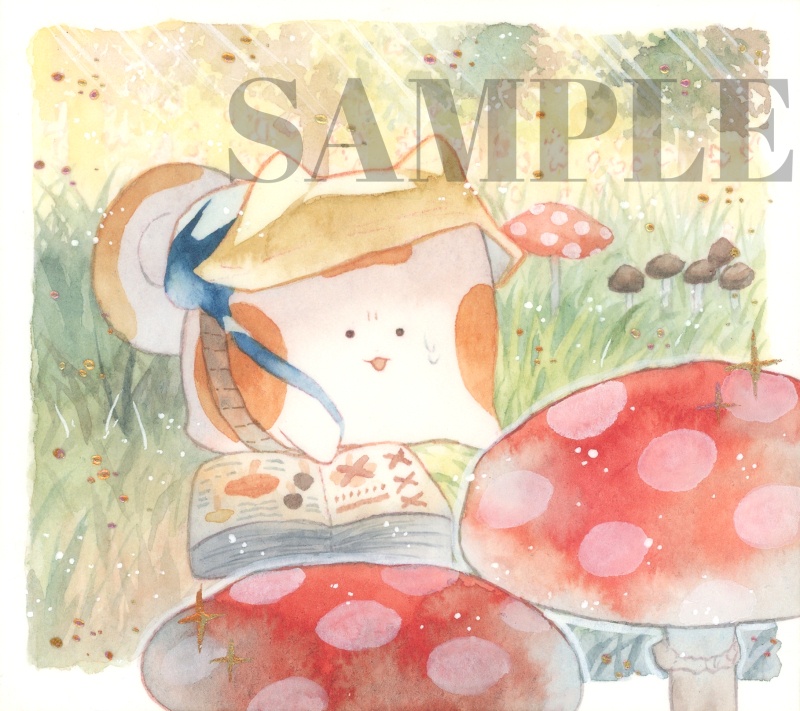 手描きイラスト オリジナル 「キノコ狩りにて。」 原画 創作 うたもちシリーズ 秋田犬 1/4色紙サイズ 透明水彩